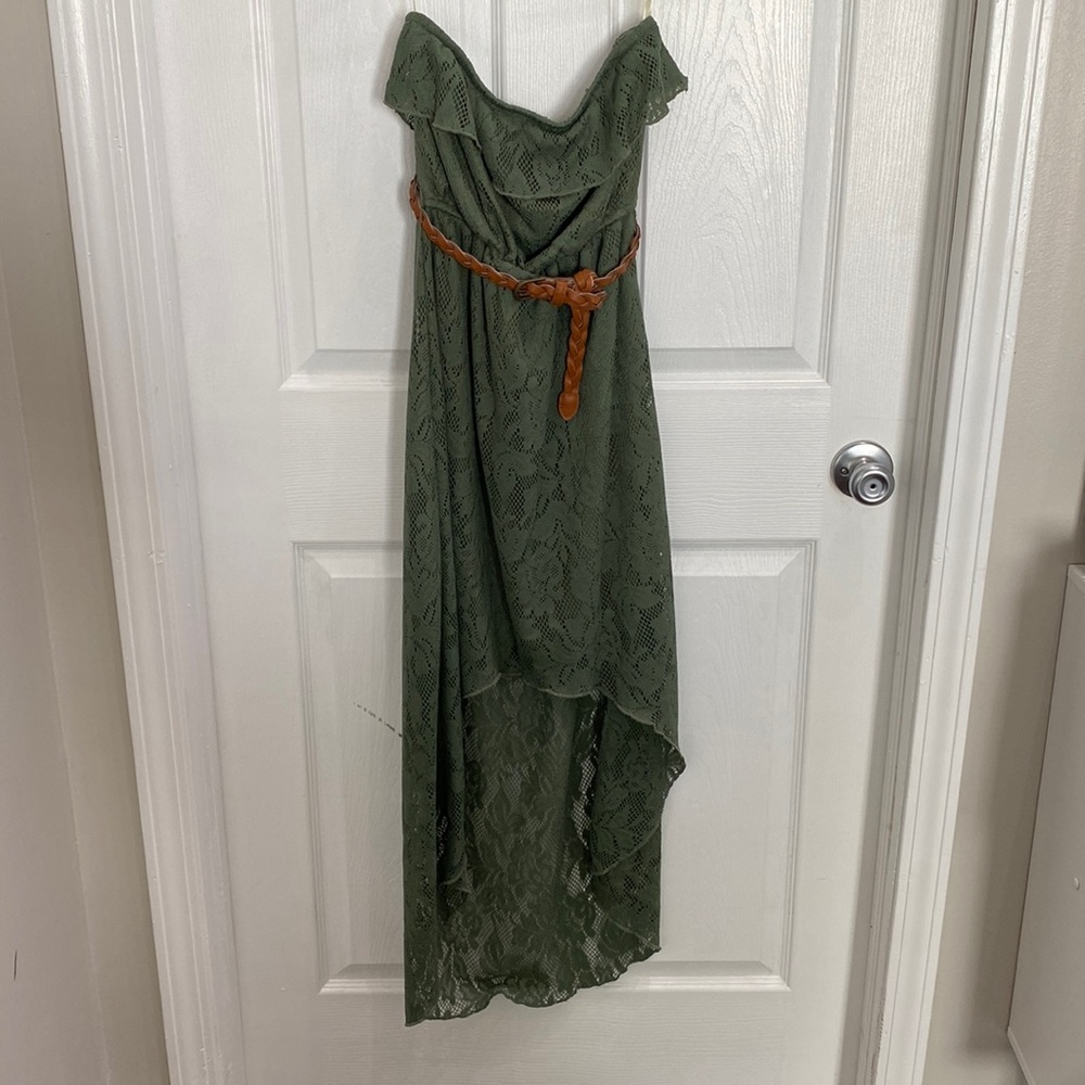 Green lace strapless high low dress